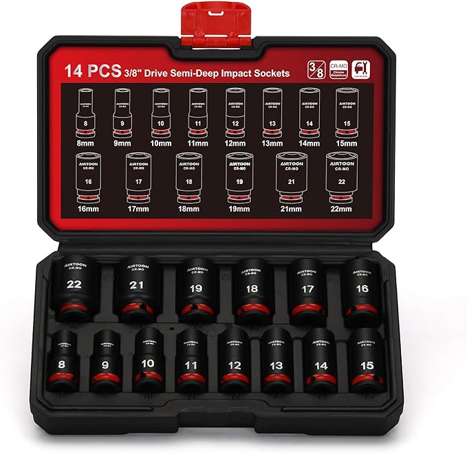 AIRTOON 3/8 in. Drive Semi-Deep Impact Sockets Set, Mid-Length Socket Set, Metric, 8 to 22 mm, 14-Piece, CR-MO, Stamped and Ink Filled Size Marking