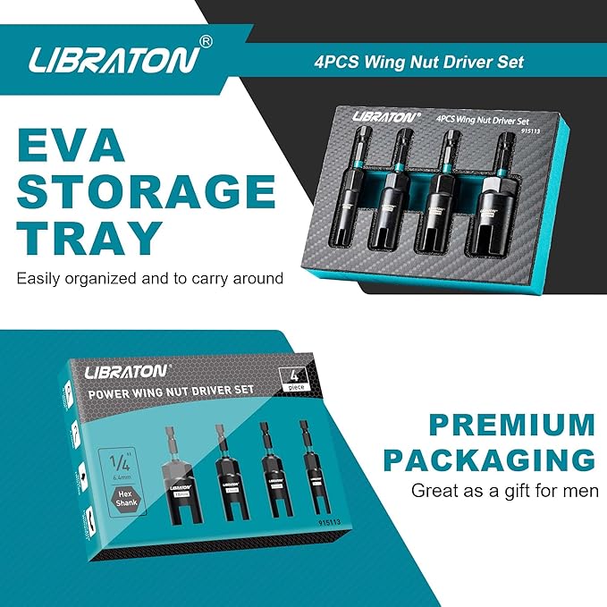 Libraton Wing Nut Driver 4PCS, Wing Nut Driver Bit, 1/4??Hex Shank Wing Nut Driver Set 9mm 12mm 15mm 18mm, Nut Driver Set with EVA Storage for Hook Bolt Installation, Wire Twisting
