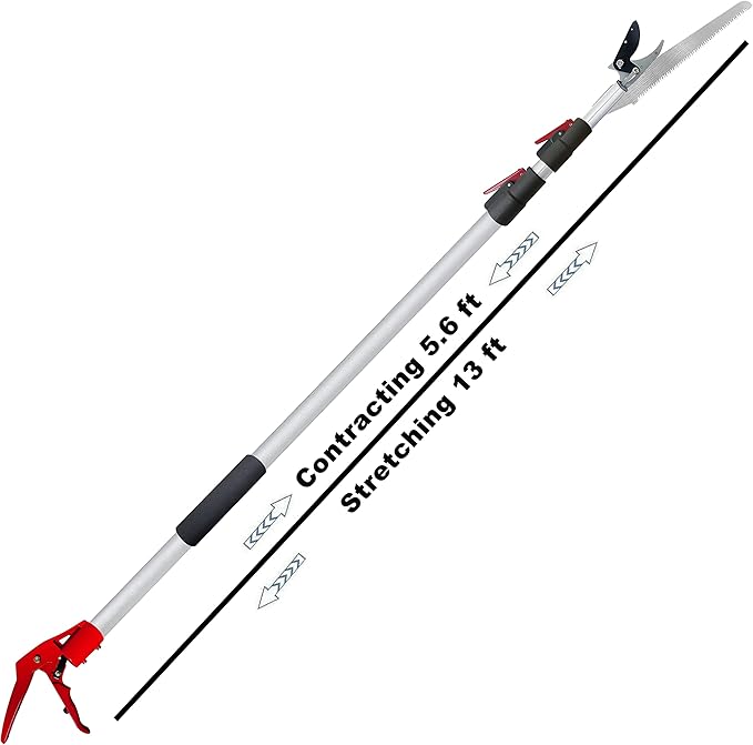 5.6-13 Foot Extendable Tree Pruner, Cut and Hold Pruning Trimmer, Long Reach Pole Saw, Telescoping Fruit Picker, Branches Bypass Lopper