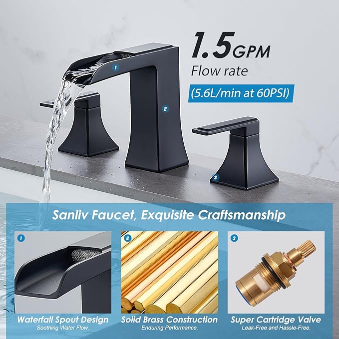 Black Waterfall Bathroom Faucet, Sanliv 3-Piece Widespread Bathroom Faucet for 3-Hole Sinks 4-8 inch, Modern 2-Handle Vanity Faucet with Pop-Up Drain, Matte Black