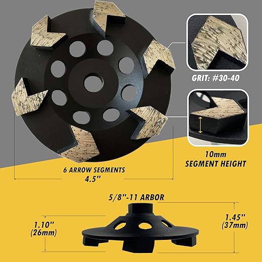 4.5" High Performance Diamond Grinding Wheels for Concrete, Paint, Epoxy, Mastic, Coating Removal, #30/40 Grit, 6 Arrow Segments, 5/8"-11 Arbor