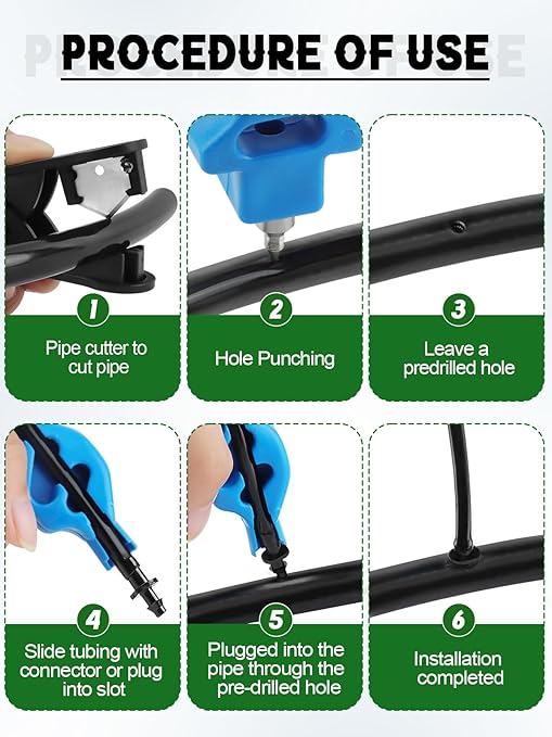 Kalolary Drip Irrigation Tubing Hole Punch Kit, 2-in-One Drip Irrigation Hole Punch Fitting Insertion Tool & 1/4 Inch Irrigation Hose Cutter with 16pcs Barbed Connectors & 16pcs Drip Irrigation Plugs
