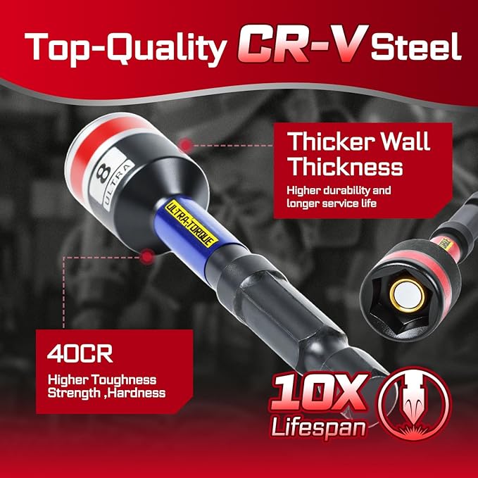 Impact Nut Driver Set, 15 Pieces 65mm 2.56?쒵ong 6mm/8mm/10mm/ 11mm/13mm 1/4??/16??/8??/16??/2??6 Point Alloy Steel Magnetic SAE Metric Nut Setter Set 1/4 Hex Shank with Case Box