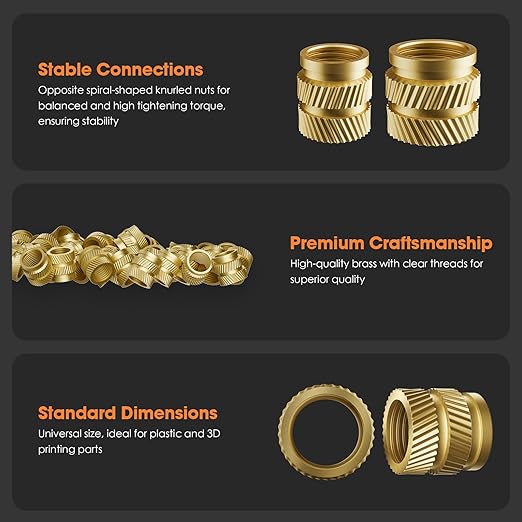 HANGLIFE Heat-Set Threaded Inserts, M2.5 Heat Set Insert for 3D Printing Components and Plastic Parts - Brass Metric Knurled Nuts (100 Pieces)