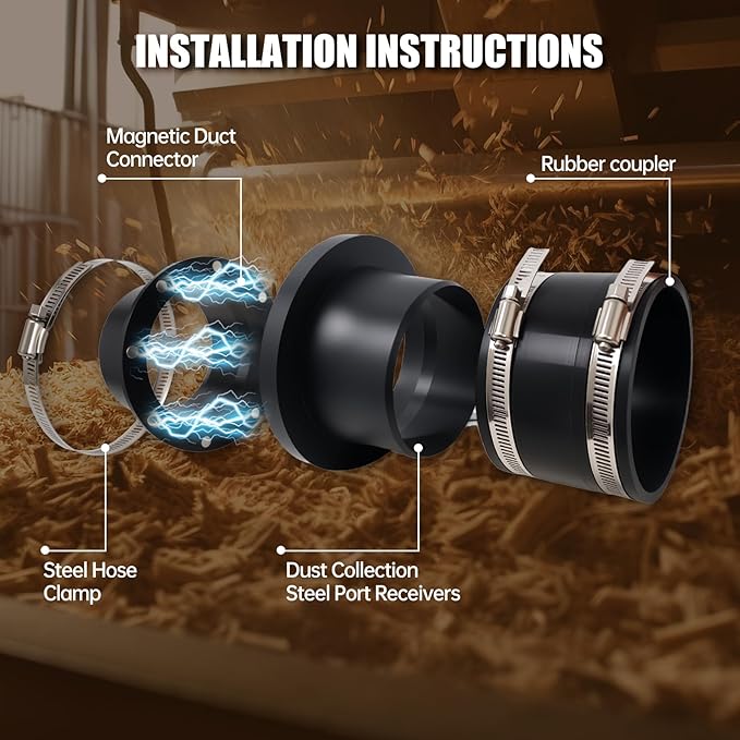 4" Magnetic Dust Collector Fittings Vacuums Collection Hose Quick Connect System 8 High-Strength Magnets for Woodworking