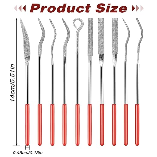 Needle Files - 10-Piece Diamond Needle File Set,Mini Metal Curved Files for Jewelry,Stone Carving, and Miniature Models (140mm / 5.5 inches)