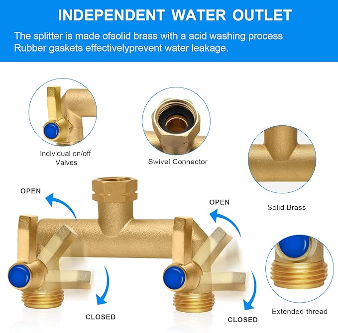 Brass Garden Hose Splitter, Garden Hose Splitter 2 Way Heavy Duty, Outdoor Hose Splitter, GHT 3/4 in. Female Inlet and 3 Way 3/4 in. Male Outlet for Regulating and Shutting Off Water Flow