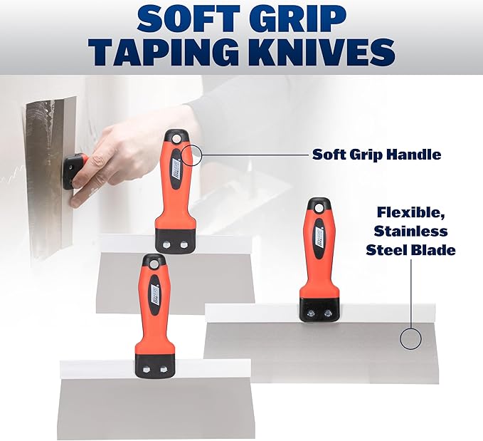 WAL-BOARD TOOLS 3 Peice Stainless Drywall Taping Knife Set, 8-12 Inch Finishing Tools, Made in the USA DTKTP1