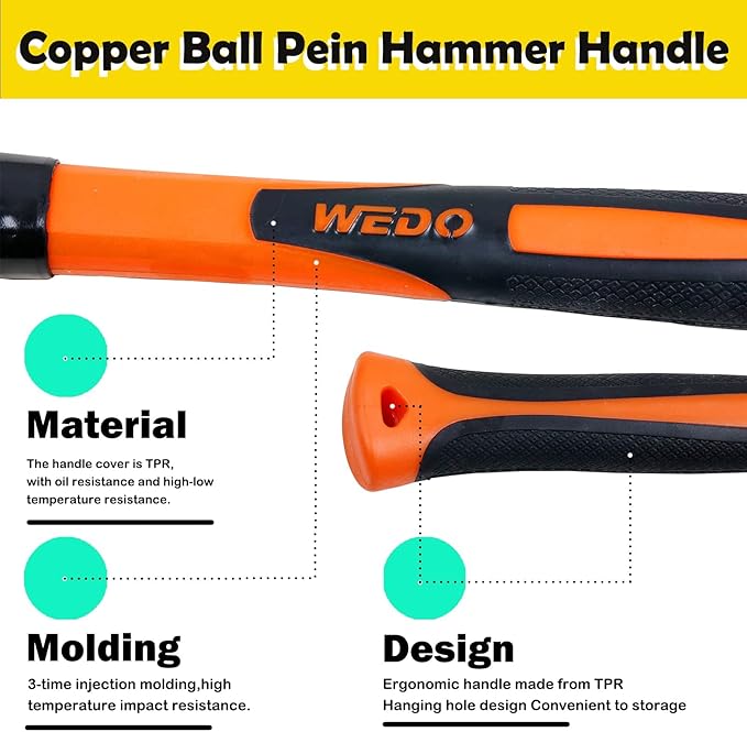 WEDO Copper Ball Peen Hammer 12 oz(3/4lb), Ball Pein Hammer with Fiberglass Handle, Length 300mm(12"), Die-Forged, Corrosion Resistant, DIN Standard