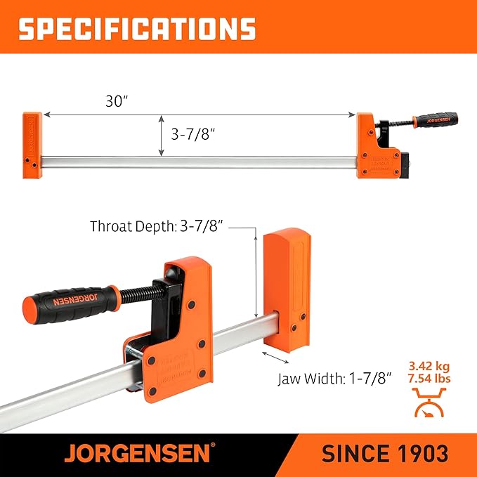 Jorgensen 2-pack 30??Bar Clamp Set, 90째 Parallel Clamp Cabinet Master, Steel Jaw Bar Clamp for Woodworking, 1500 lbs load Limited