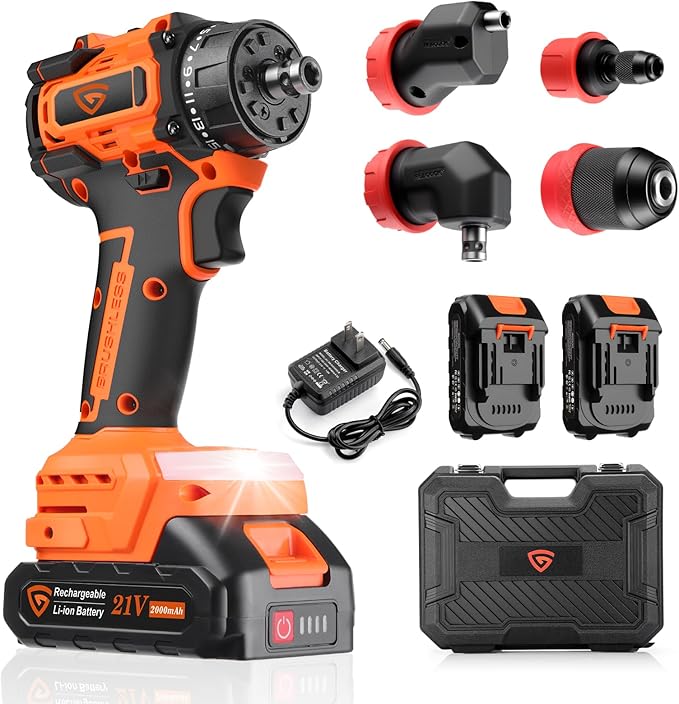 21V Brushless Cordless Drill Driver Kit, 5-in-1 Multi-Head System with 2 Batteries and Charger, Right Angle Adapter, Offset Head, 3-Jaw Chuck, Extension Head