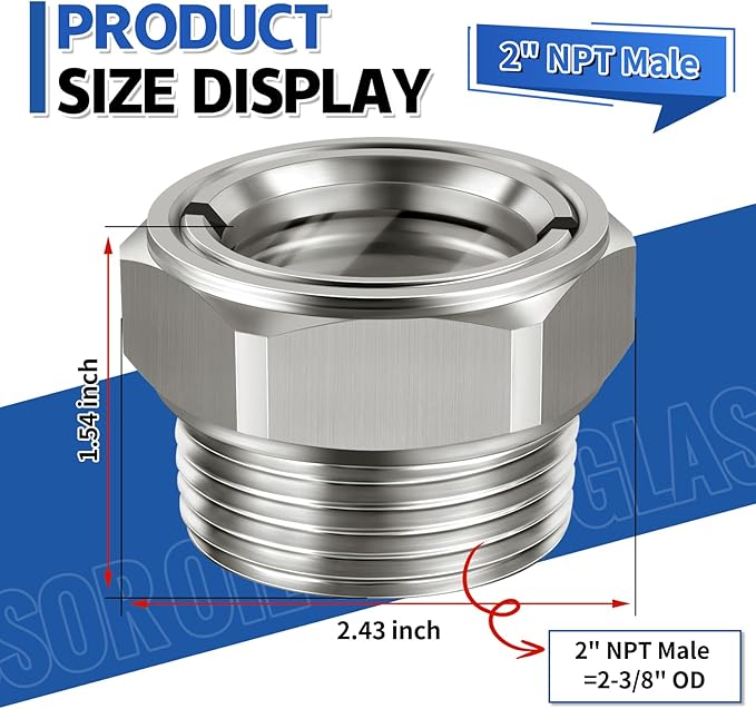 Compressor Oil Sight Glass 2 inch NPT Male Hex Head Stainless Steel Oil Sight Glass Oil Liquid Level Gauge Sight Glass Oil Indicator Sight Window For Air Compressor Gearbox Tank