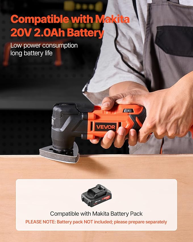 VEVOR Cordless Oscillating Tool, 20V Multitool Oscillating Tool with 6 Variable Speeds 8500-17000 OPM, 3.2째 Oscillating Angle, 8PCS Saw Accessories & LED Work Light (Battery Pack Not Included)