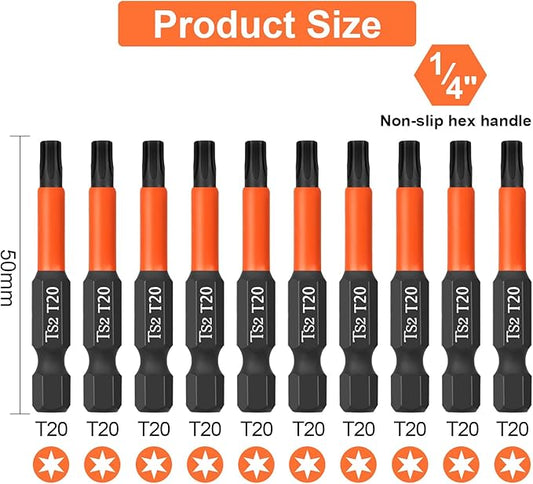 Pro T20 Screwdriver Bit Set - Torx Screwdriver 10 Pieces, 50mm Length, 1/4" Hex Shank Bit Assortment, with Storage Box