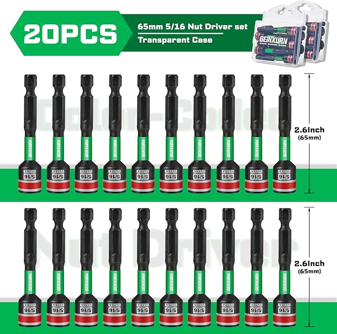 Impact Nut Driver Set, 20 Pieces 2.56?쒵ong 5/16?? Point Alloy Steel Magnetic SAE Nut Setter Set Use For Require Installing 1/4 Hex Shank Impact Driver with Portable Storage Cases