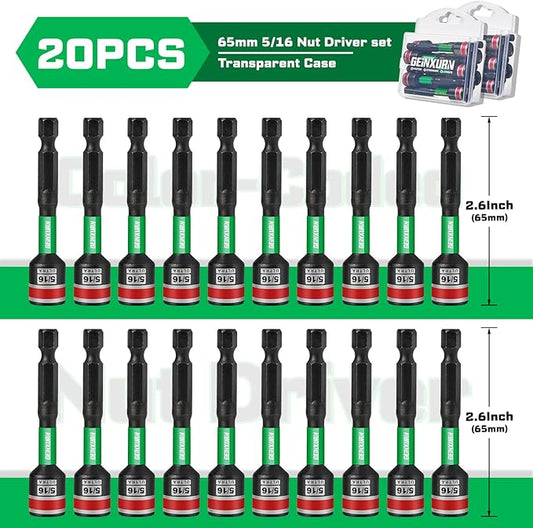 Impact Nut Driver Set, 20 Pieces 2.56?쒵ong 5/16?? Point Alloy Steel Magnetic SAE Nut Setter Set Use For Require Installing 1/4 Hex Shank Impact Driver with Portable Storage Cases