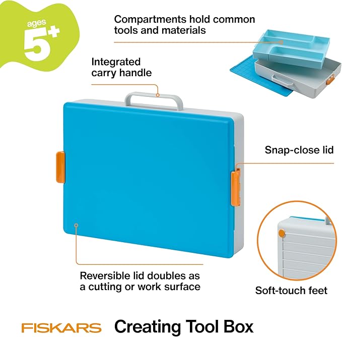Fiskars Kids Creating Toolbox ??Portable Art Storage Organizer with Reversible Lid, Carry Handle, and Secure Snap-Close Design