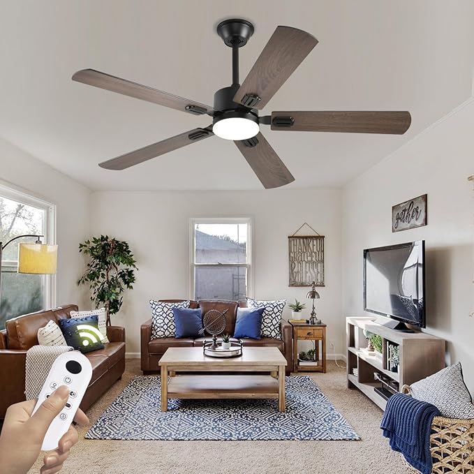 52 inch Modern Ceiling Fans with Lights APP/Remote Control, Low Profile Reversible 6 Speeds Dimmable Ceiling Fan Light for Indoor/Outdoor Bedroom Living Room（Brown）