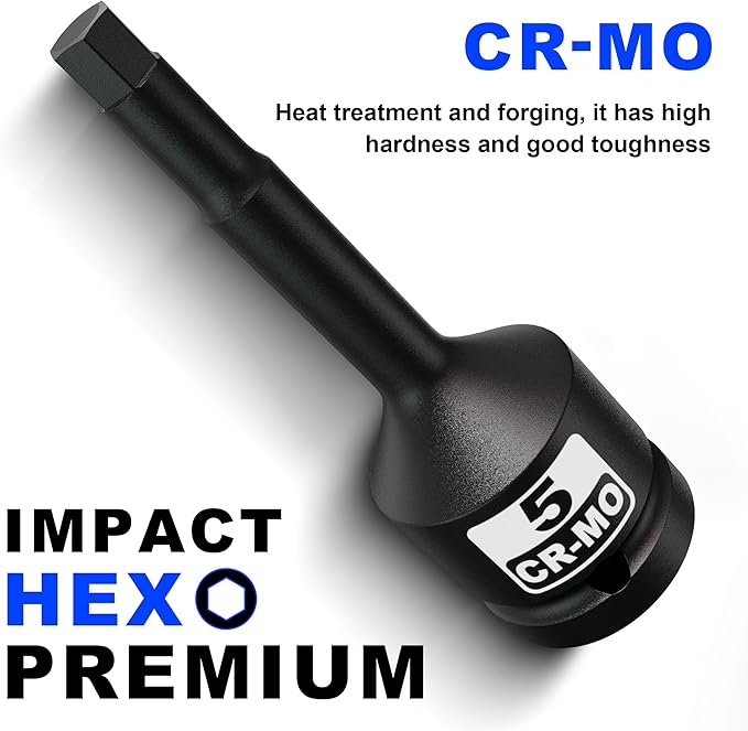 1/2" Drive 5 mm Hex Impact Bit Socket, H5 Allen Bit Socket, Metric, Cr-Mo Steel, Automotive Repair Industrial Maintenance and DIY Enthusiasts Alike