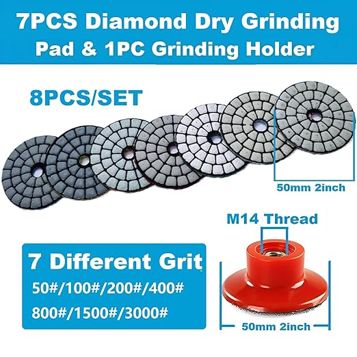 2inch 50mm Diamond Dry Grinding Pad, 7 Different Grit 50#-3000# Sanding Discs & M14 Thread Hook & Loop Backing Holder for Detail Fine Buffing Polishing (8Pcs/Set)
