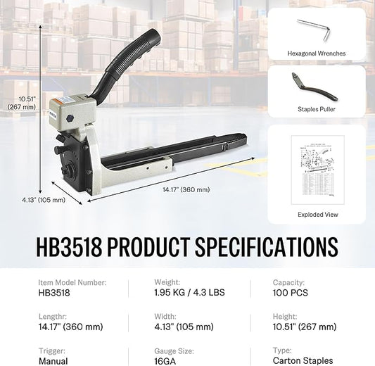 meite Box Stapler HB3518 Manual Carton Closer 16 Gauge Heavy Duty Packaging Stapler for Corrugated Case, Depth Dial for 1-8mm Cardboard, Accepts 1-3/8" Crown 3/4" Leg Staples, No Air Needed