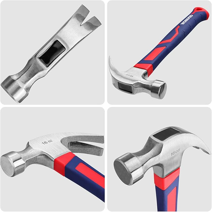 WORKPRO 16 oz Claw Hammer with Fiberglass Handle, All Purpose Hammer with Forged Hardened Steel Head