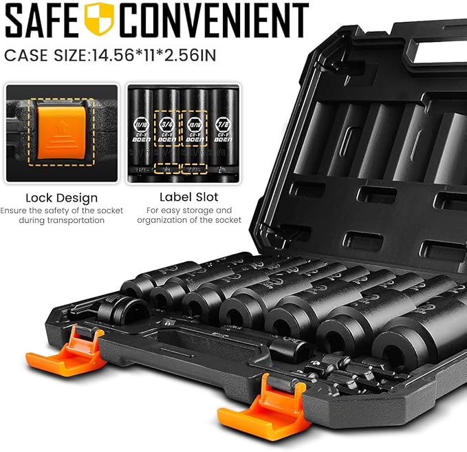 boen 1/2??Drive SAE Impact Socket Set, 3/8" to 1-1/2" Deep Socket, 6-Point Hex Socket with Portable Case, Rugged Construction, CR-V Steel, 24PCS