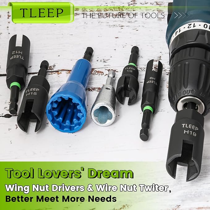 Wing Nut Driver 1/2" 9mm 12mm 15mm 19mm and Wire Nut Twister, 1/4" Hex Nut Driver Set for Impact Drill, Hurricane Shutter Hardware for Panel Nuts Screws Bolt Eye C Hook Q-Hanger Wire Twisting