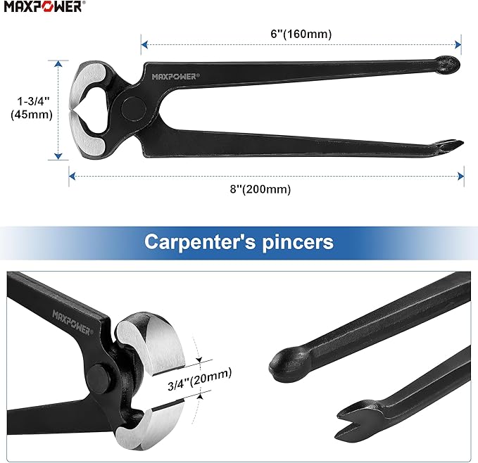 MAXPOWER 3PCS Nail Puller Set, 9 inch End Cutting Nippers, 7 inch End Cutting Pliers, 8 inch Carpenter's Pincers