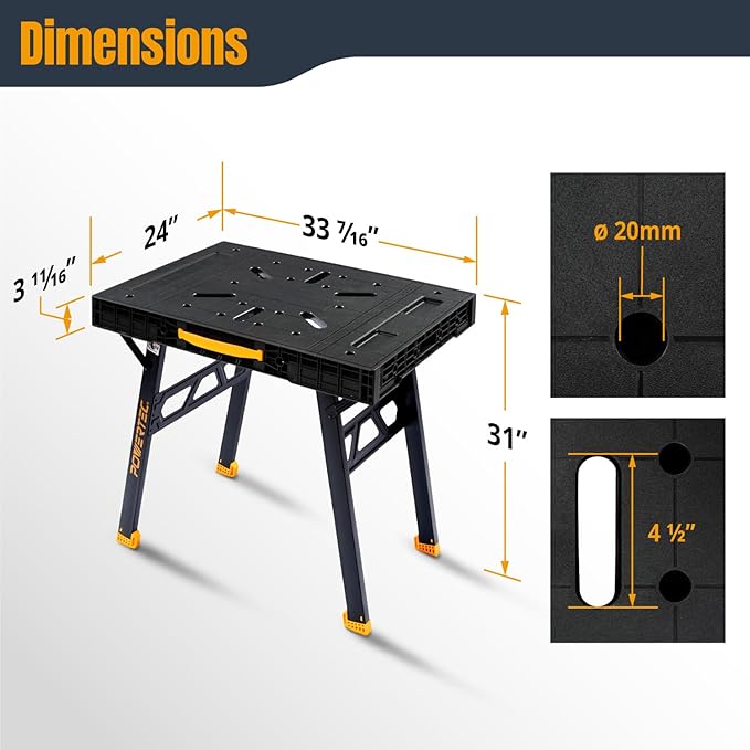 POWERTEC Portable Folding Worktable ??Heavy-Duty Workbench with 33.5" x 24" Surface, 1650 lbs Load Capacity ??Compact, Foldable Table for Woodworking, DIY, Garage & Jobsite Use (UT1014)