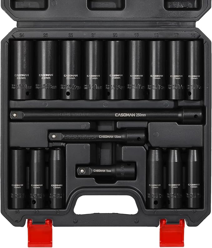 CASOMAN 18PCS 1/2" Drive Impact Socket Set, Deep, Cr-V Steel, Metric, 10mm - 24mm, Includes Extension Bars: 3-Inch, 5-Inch, 10-Inch