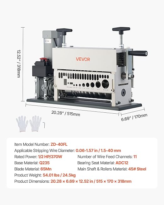 VEVOR Electric Wire Stripper Machine, 0.06-1.57 in, 11 Channel Automatic Copper Cable Stripper, 370W Wire Stripper Tool with Manual Hand Crank Mode, Emergency Stop Button, for Scrap Copper Recycling