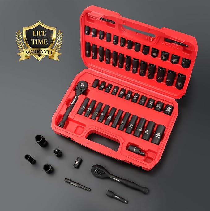 LLNDEI 1/4?쒭rive Impact Socket Set, 52 PCS Mechanic Tool Set with 72-Tooth Ratchet & Adapter, CR-V, Metric and SAE Sockets Storage Kit for Household Automotive Repair DIY Project