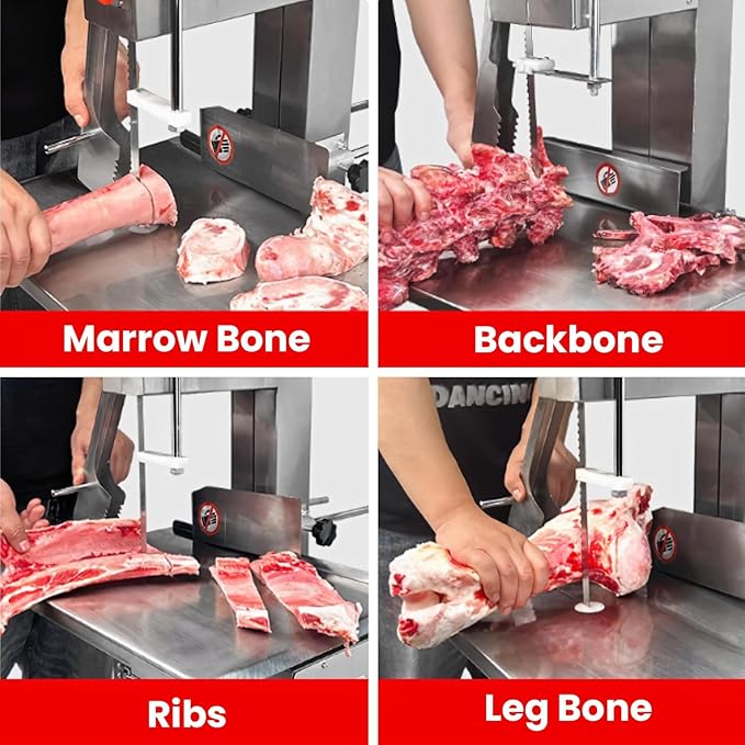 Commercial Electric Meat Bandsaw, 1500W Bone Meat Cutter Machine, Stainless Steel Workbench 19" x 14", 0.04-7.8 In Cutting Thickness, Frozen Meat Cutter with 8 Blades for Rib Pork Beef