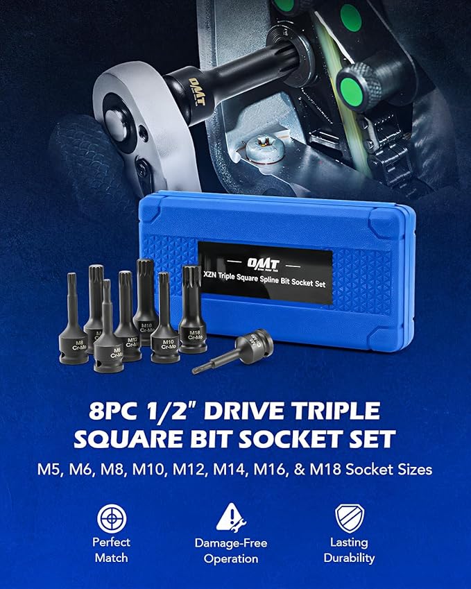 Orion Motor Tech XZN Triple Square Spline Bit Sockets, 8pc 1/2" Drive Impact Triple Square Bit Socket Set with Metric M5 M6 M8 M10 M12 M14 M16 M18 Socket Adapters, Cr-Mo Steel, Storage Case