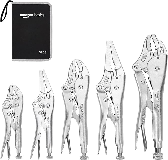 Amazon Basics 5-Piece CR-V Locking Pliers and Wire Cutters Set with Carrying Case, 2 Straight, 3 Curved Jaw, 6.5-10 inch, Silver