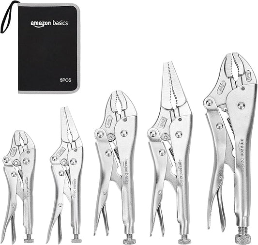 Amazon Basics 5-Piece CR-V Locking Pliers and Wire Cutters Set with Carrying Case, 2 Straight, 3 Curved Jaw, 6.5-10 inch, Silver