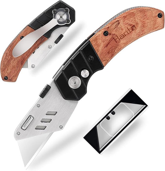 Harita Utility Knife Box Cutter with Belt Clip, Extra 5 pack refilled Blades and Wood Handle Heavy Duty Cutter, Quick-change & Safety Back Lock