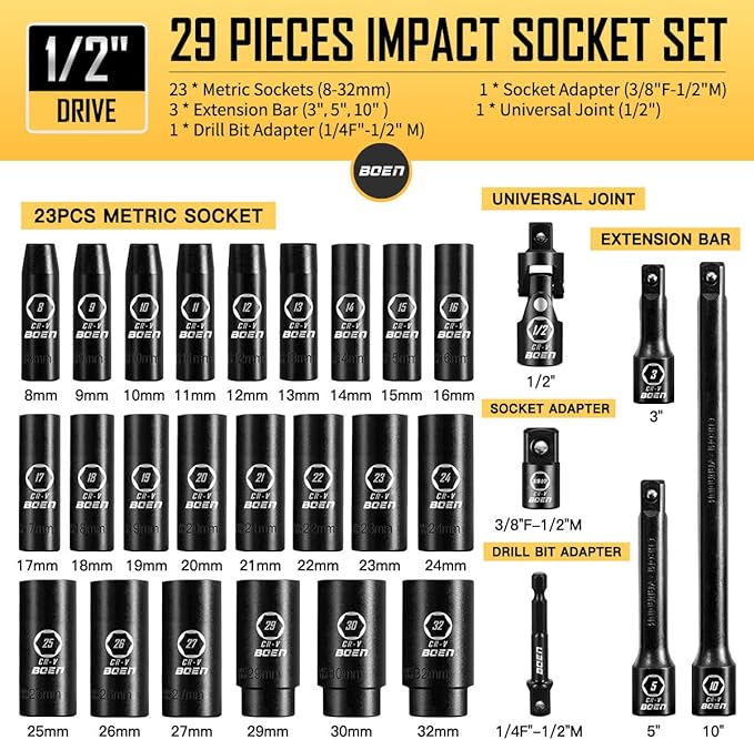 boen 8mm-32mm 1/2??Drive Metric Socket Set, Impact Deep Socket, 6 Point Lug Nut Socket for Auto Repair with Portable Case, CR-V Steel, 29PCS