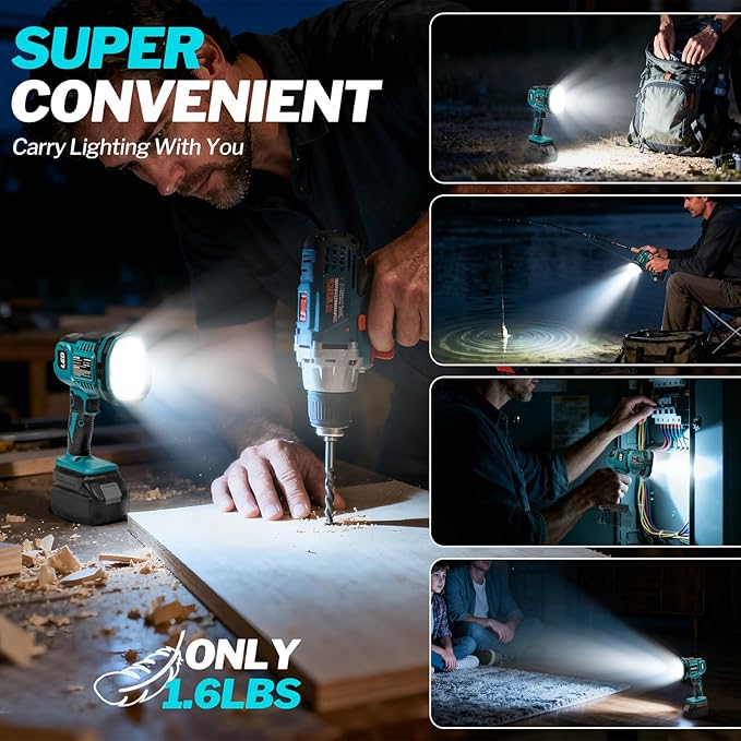 Cordless LED work light compatible with Makita 18V Battery, 1500LM Handheld Spotlight with 550 Yard Distance, Flashing mode and Pivoting Head for Workshop, Camping, Jobsites (Battery Not Included)