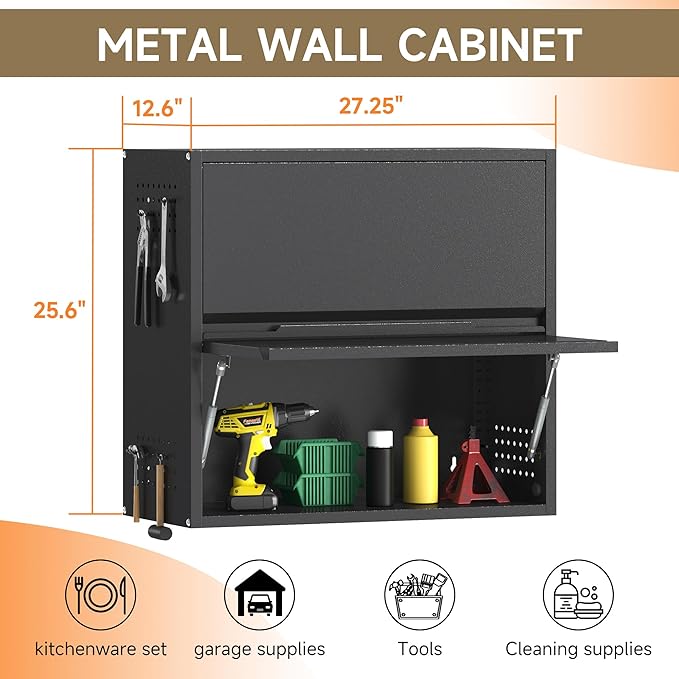 Coolsun 2 Door Metal Wall Cabinet, Garage Wall Cabinet with Up-Flip Door, 25.6" H Wall Mounted Metal Storage Cabinet for Garage,Basement,Ware House Assembly Required
