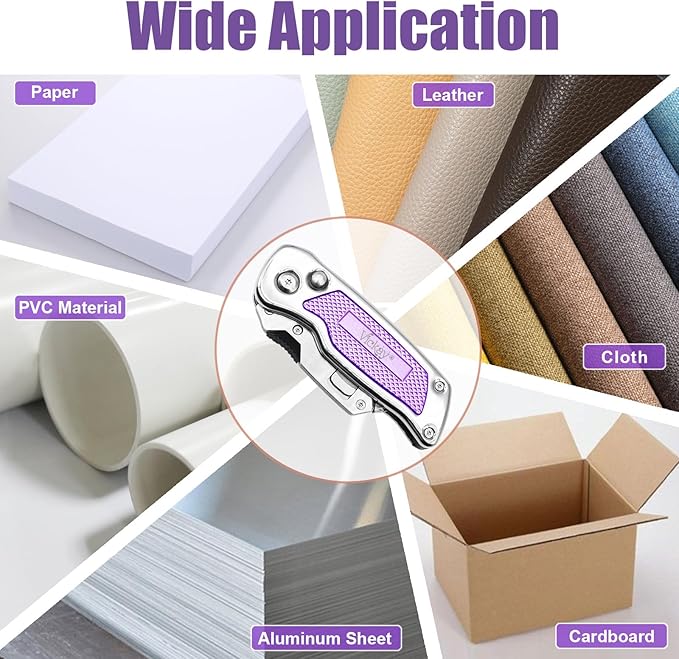 Vickay Box Cutter, Utility Knife with Belt Clip, Stainless Steel Body Handle, Quick-change Blade and Safety Axis Lock, Razor Knife, Cardboard Cutter with Extra 5PC SK5 Blades (Purple)