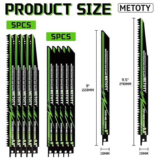 9 & 9.5-inch Reciprocating Saw Blade Set for Metal Wood Iron, 5 TPI (Tree Branches) & 14 TPI (Iron), 10 Pieces with Organizer Case, Durable HCS for Versatile Cutting