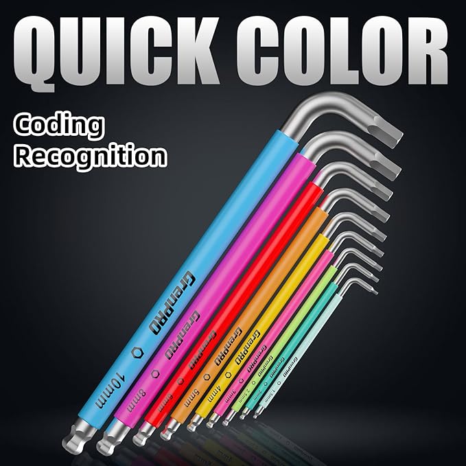 GRENPRO Allen Wrenches Sets, Hex Key Set, 9pcs Allan Wrench Sets Metric And Standard, Bike Wrench Tools Organizer With Color Coded, Long Alen Alan Keys sets, Large Mini Small Ball End Allen Wrench Set