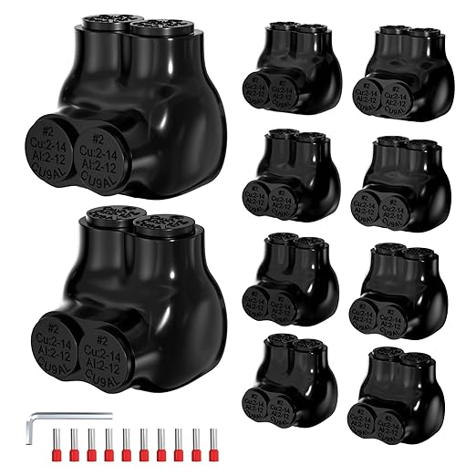 Joinfworld 2 Port Insulated Multi Tap Connector 2-14AWG Aluminum to Copper Wire Connectors Single Side Entry Aluminum Black Electrical Cable Connectors with Slotted Allen Hex - 10 Pack