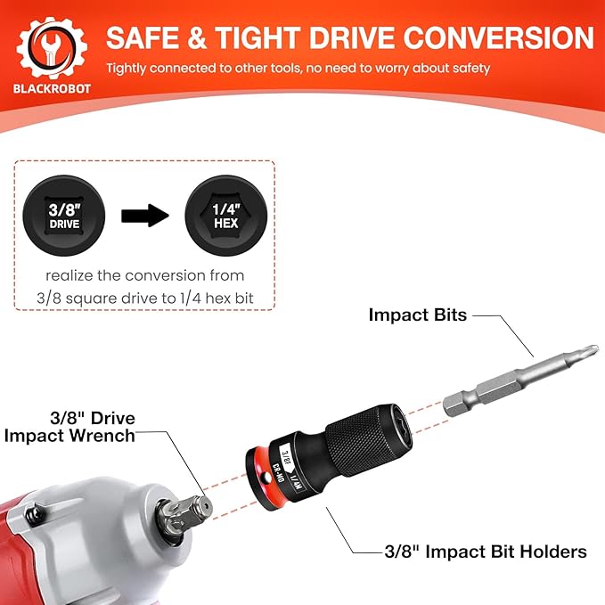 BLACKROBOT 2PCS Quick Release Impact Bit Holders 3/8-Inch Square Drive to 1/4-Inch Hex Socket Adapter, CR-MO Steel, Red