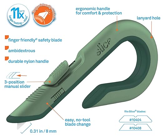 Slice Box Cutter, Heavy Duty Utility Knife, Safe Ceramic Blade Lasting 11x Longer than Metal, Sage, 2 Pack