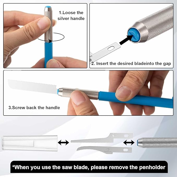 Honoson Mini Hand Saw Model Tools Small Hobby Saw Blades Kit with 9 Tiny Razor Hacksaw Blades for Miniatures, Modeling, DIY Crafts, Plastic Models, Wood(Style 3,Blue)
