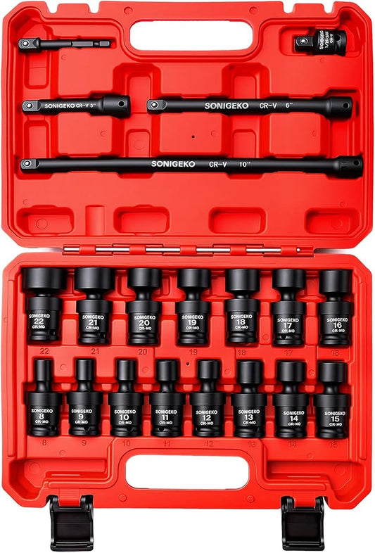 3/8" Drive Impact Swivel Sockets Set, 20 Piece, Metric Drive Impact Universal Joint, 6-Point, with Extension Bars, Socket Adapter, Drill Bit Adapter (Swivel Socket sets, 3/8",20pcs)