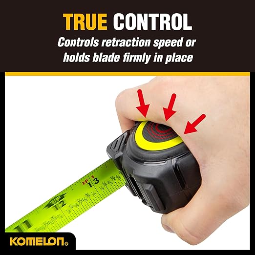 Komelon 16-Ft Retraction Control Tape Measure with Fraction Marks, Backside Printing, High Visibility Blade (TC16)